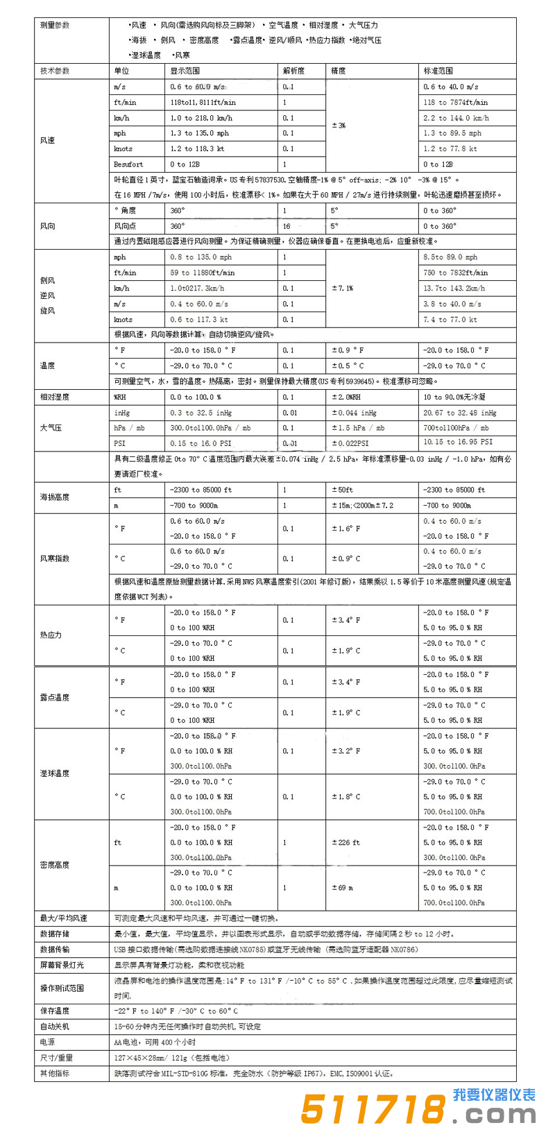 美國NK5700AL(Kestrel5700AL)彈道應用精英氣象儀技術參數.png